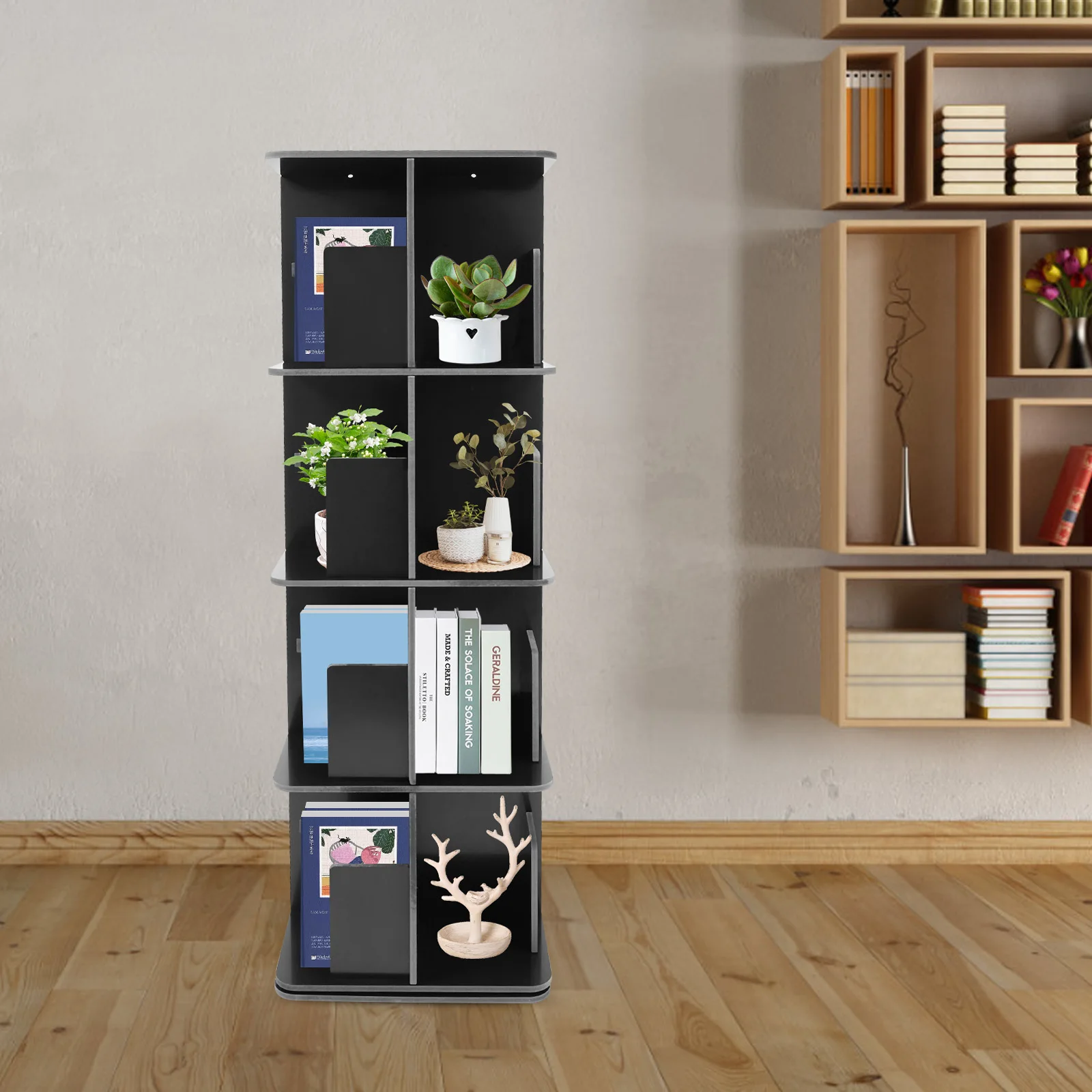 

4 Tier ‎Rectangular Spinning Bookshelf Tower in Floor Standing Bookshelf 360 Display Rotating Bookshelf for Small Space Bedroom