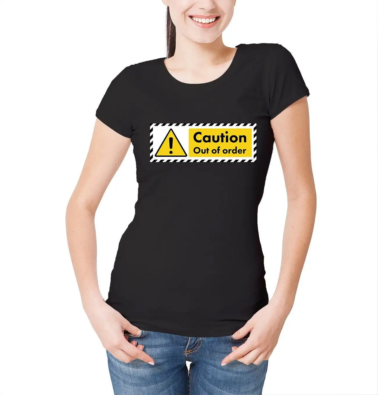 Caution Out Of Order Sign Womens T Shirt Funny Broken Vending Machine Joke