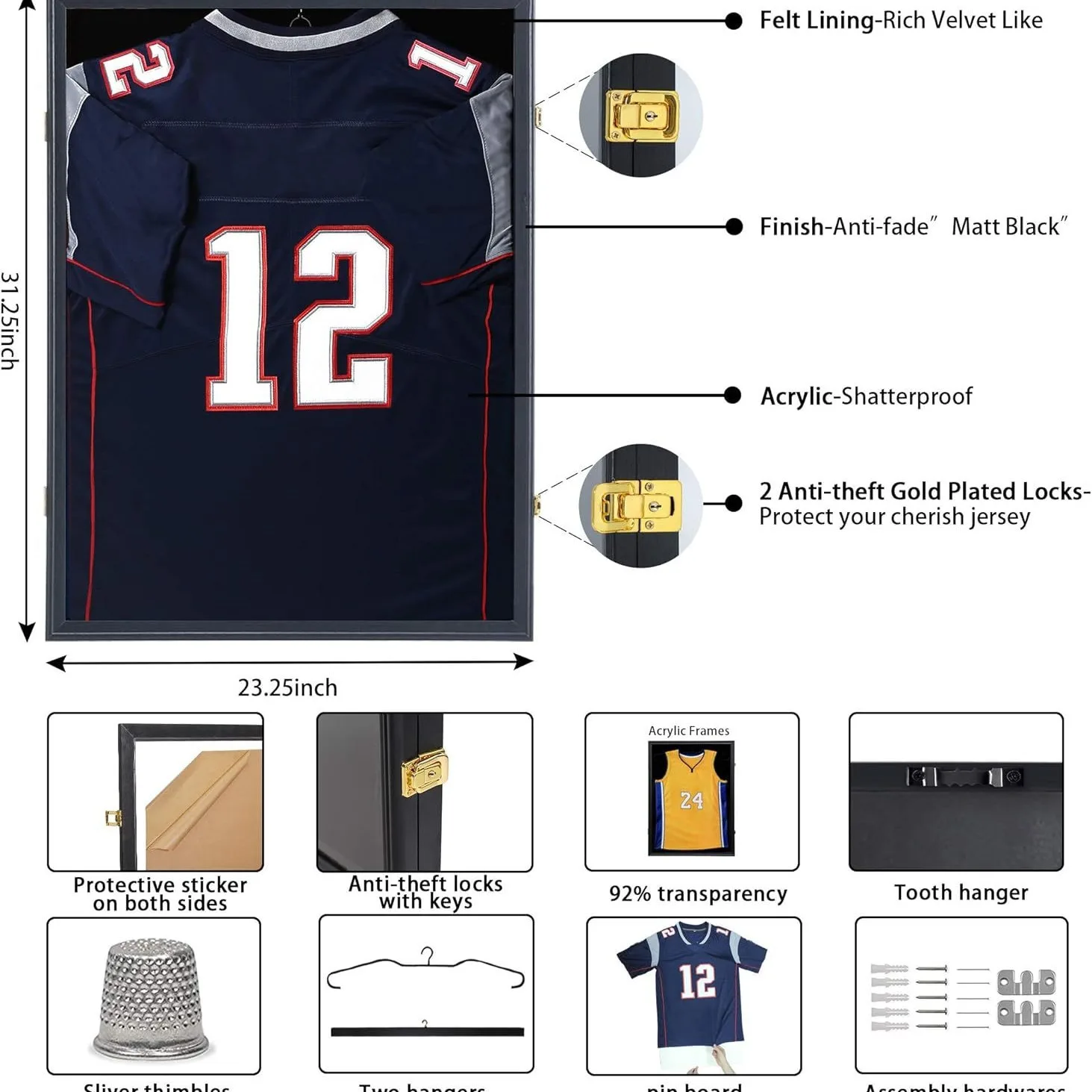 Jersey Shadow Box Frame, Wall Mount Display Case for Basketball, Soccer & Football Memorabilia
