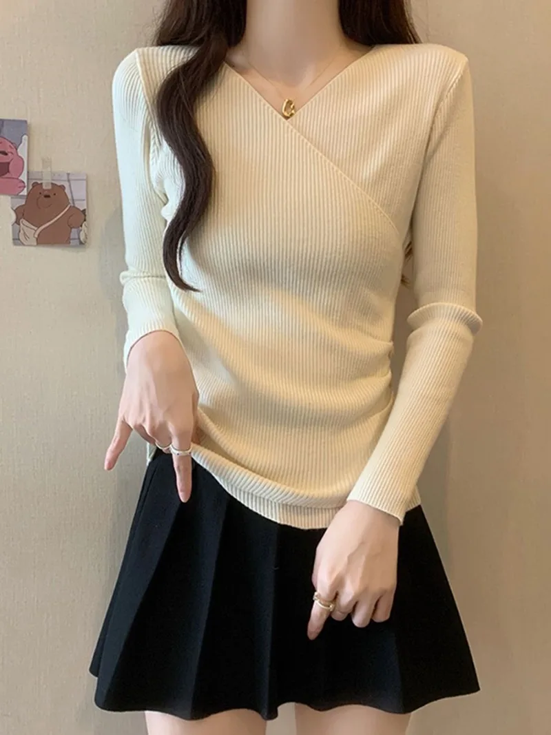 Sweet Hot Girl Irregular Cross V-neck Sweater Women's Autumn and Winter Slim Fit Knitted Pullover Fashion Female Clothes