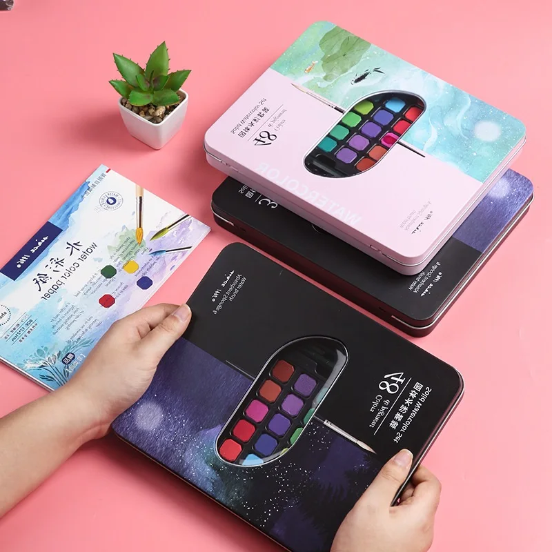 36/48 Set Boxed Color Solid Watercolor Pigment Box Portable Paintbrush Tool Artistic Creation Supplies Student Stationery Gift