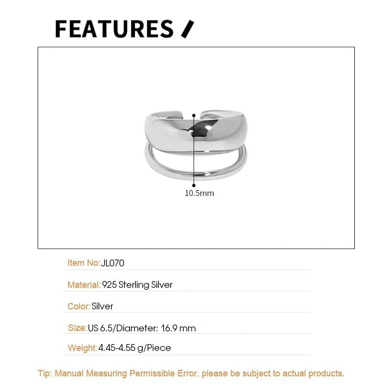 F.I.N.S Minimalist Layered Glossy 100% S925 Sterling Silver Open Adjustable Ring Curved Lines Index Finger Rings for Women Men