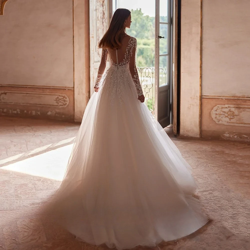 Luxury A-line Wedding Dresses for Bride Customized V Neck Long Sleeves Sequined Applique Sweep Train Bridal Gown Robe Mariee