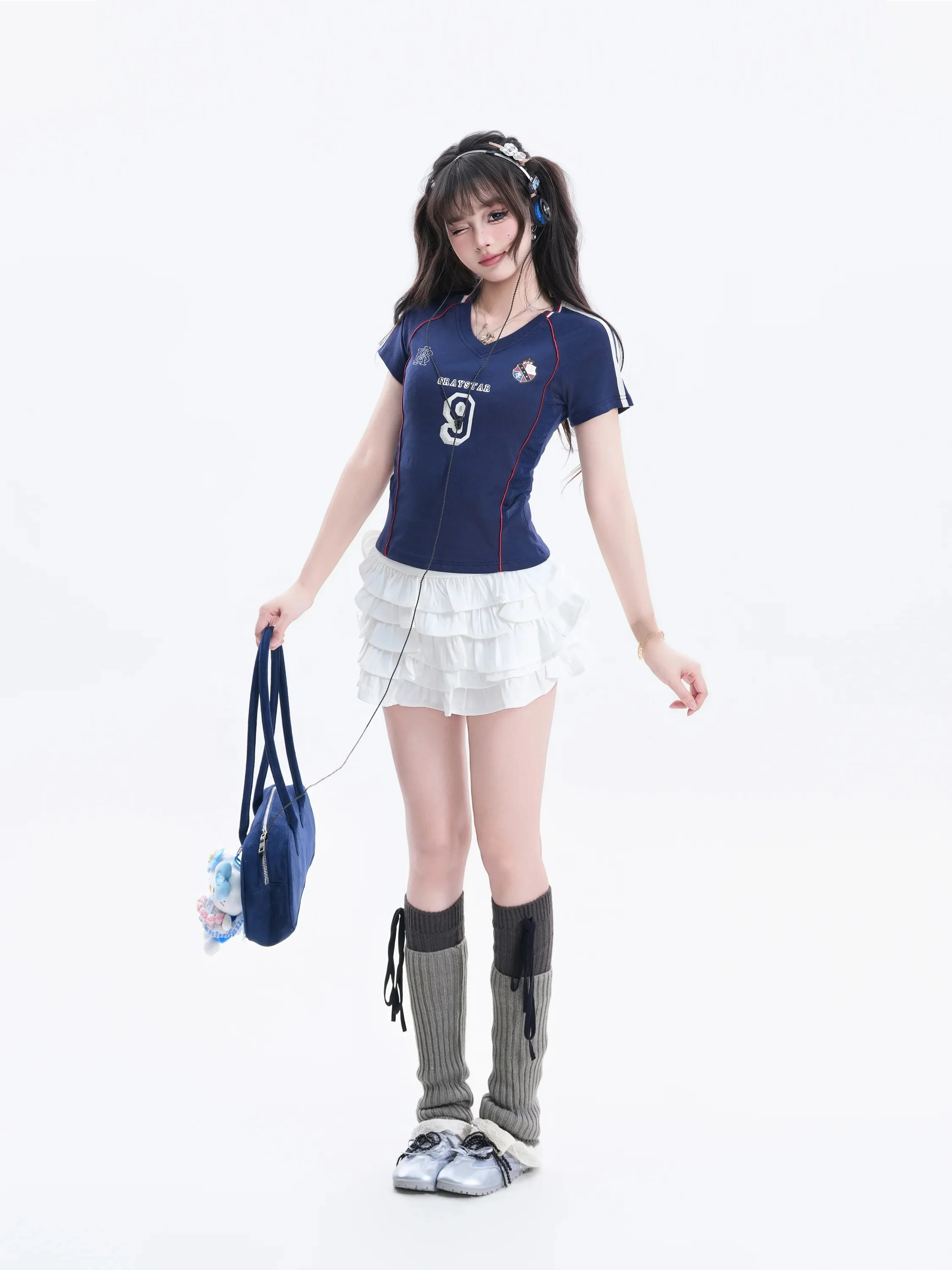 American Style Spicy Girl Sportswear T-shirt Women Summer Versatile V-neck Color Block Badge Slim Fit Short Sleeve Tee