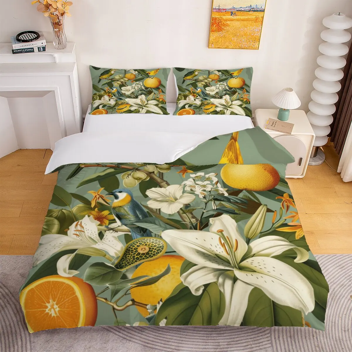 ** Canaries and lemons  Down comforter set, extra large size  Plants and birds  1 duvet cover and 2 pillowcases