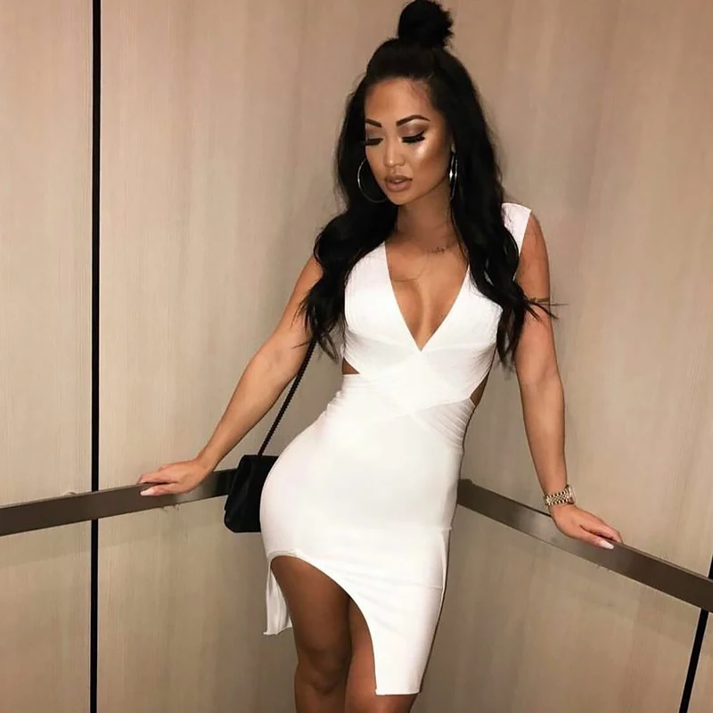 

White Sleeveless 2024 New Backless Deep V Neck Sexy Women Knee Length Bandage Bodycon Dress