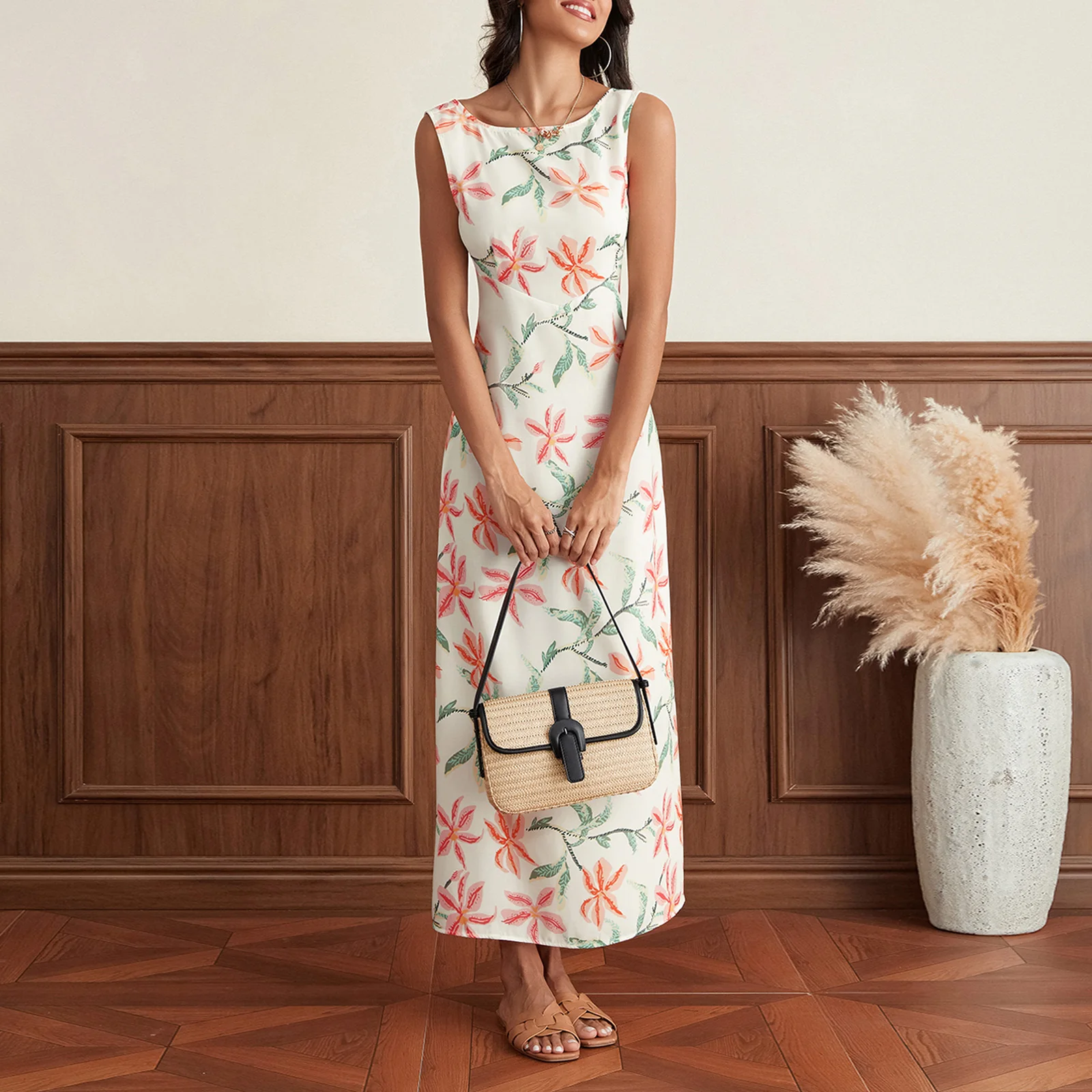 

Women Long Dress Sleeveless Crew Neck Backless Flower Print Tank Dress Summer Cocktail Dress