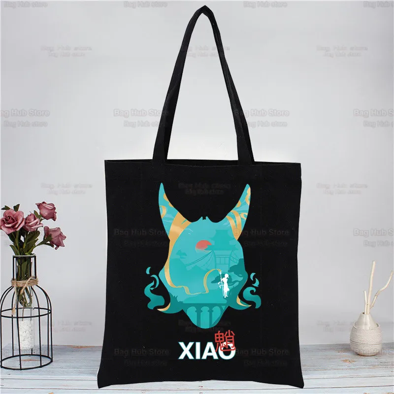 Sacola de lona de impacto Genshin para mulheres, bolsas Xiao Anime Game, bolsa de compras preta, eco, sacola de compras, bolsa de viagem