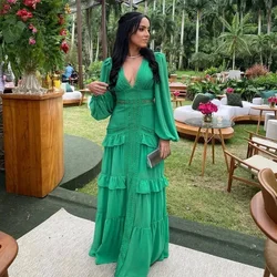 Elegant Hollow Lace Slim Maxi Dresses Patchwork Ruffle Deep V Neck Lantern Sleeves Long Dress Fashion 2024 Evening Party Robes