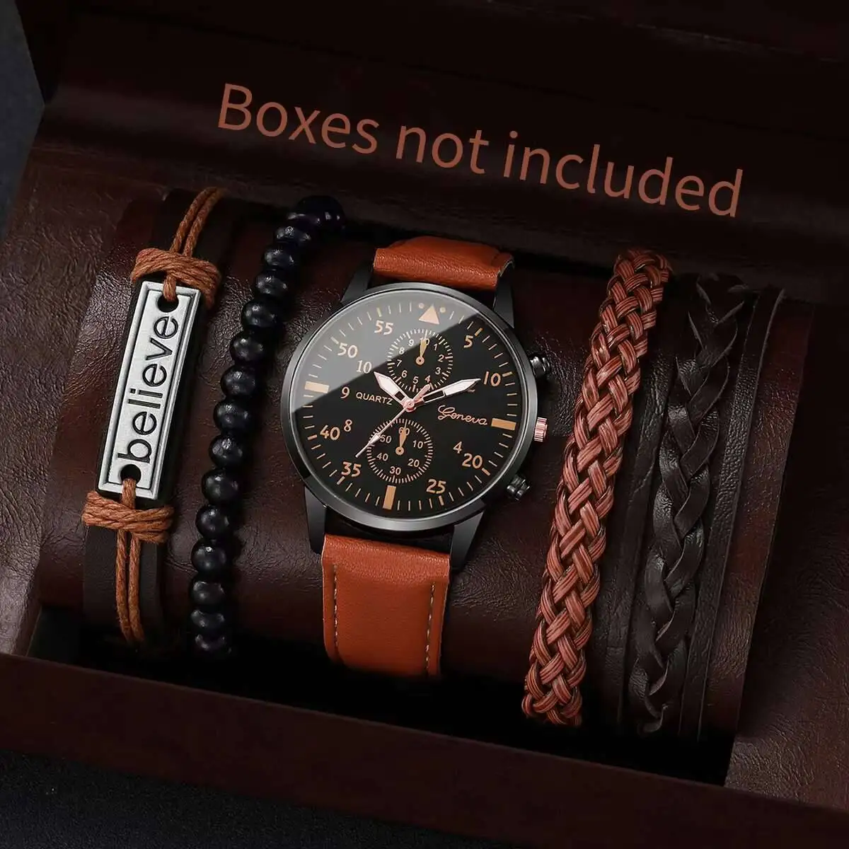 5PCS/Set Fashion Roma Dial Men Watches Casual Leather Band Business Quartz Watch Bracelets Set Relogio Masculino（Without Box）
