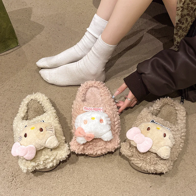 Sanrio autumn and winter Hello Kitty warm home women's shoes cartoon sweet non-slip comfortable plush cotton slippers