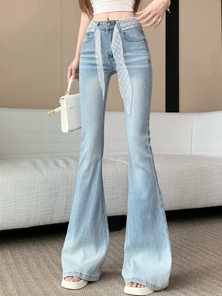 

Retro gradient color horseshoe jeans women's design sense lace waist belt elastic tight and floor length flared pants