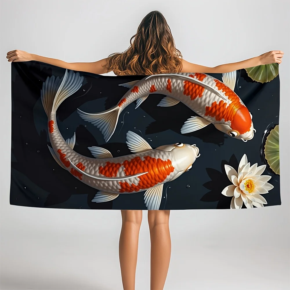 1pc Vibrant Koi Fish Pond Microfiber Beach Towel - Soft, Absorbent, Quick-Drying, Sandproof, Perfect for Swimming, Camping, and