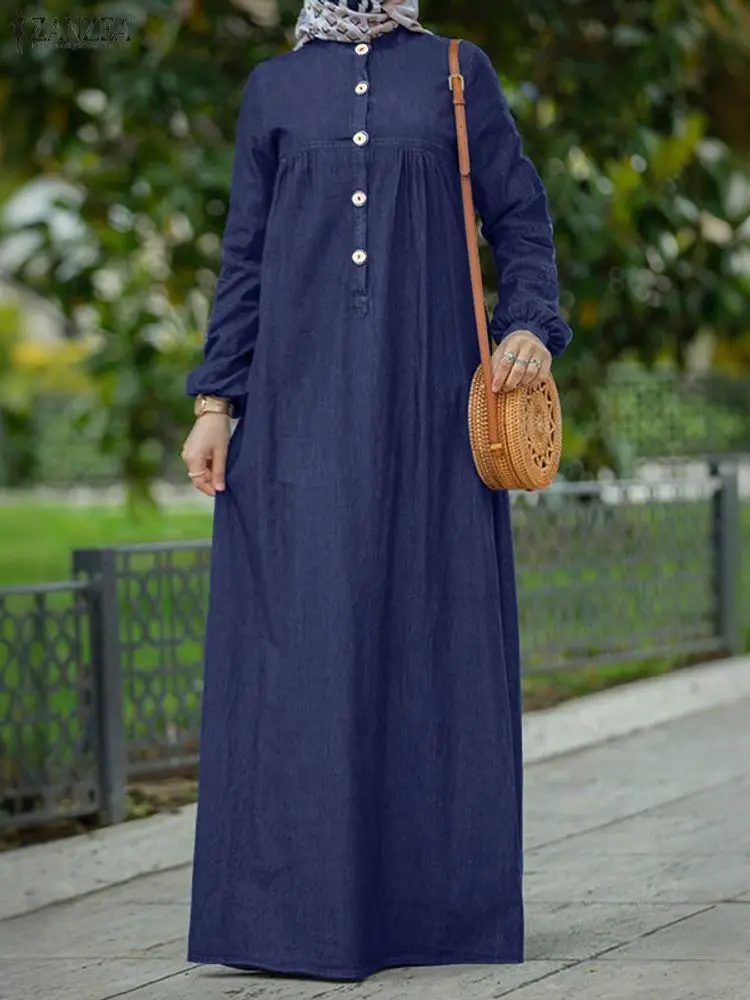 ZANZEA فساتين طويلة متواضعة تشبه الدنيم للنساء حجاب برقبة دائرية وأكمام واسعة نصف أزرار فستان ماكسي فضفاض لخريف 2025 ملابس نسائية #2