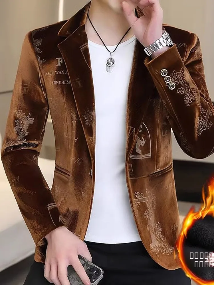 

Мужская зимняя куртка из вельвета на флисовой подкладке, повседневное утепленное пальто из золотистого шелкового вельвета, модный вышитый пиджак на одной пуговице