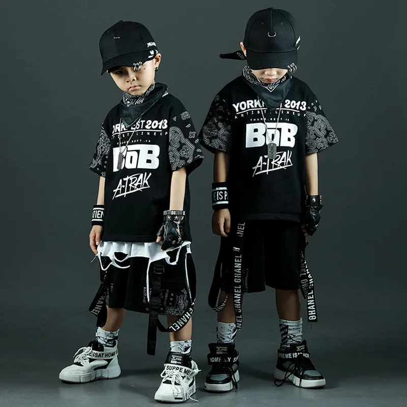 Kids Clothing Sets Summer Black Print T-shirt Shorts 2pcs Boy Tracksuit Children Sport Suit Teen Hip Hop Outfits 4 6 8 9 10 12 Y