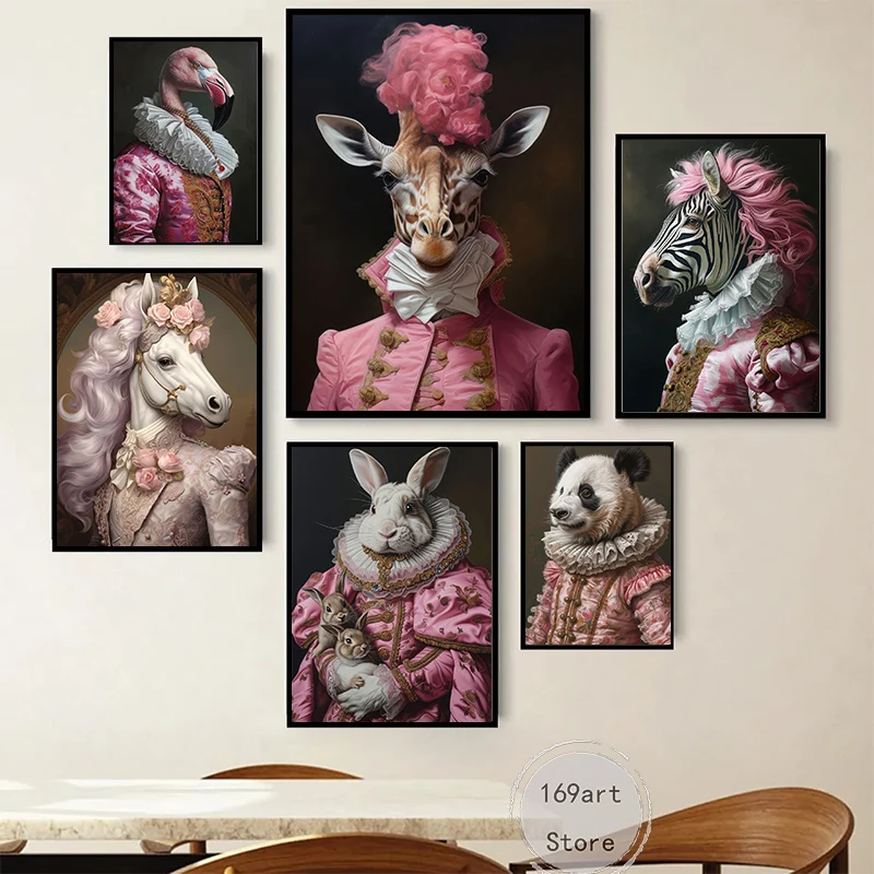 Vintage Pink Renaissance Animal Gorilla Zebra Horse Giraffe Art Poster Canvas Painting Wall Prints Picture for Room Home Decor