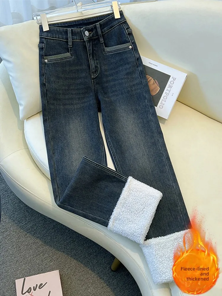 Women's Fleece Lined Lamb Fur Cuffed Straight Leg Thickened Denim Jeans High Waist Nine Points Winter Casual Wide Leg Pants