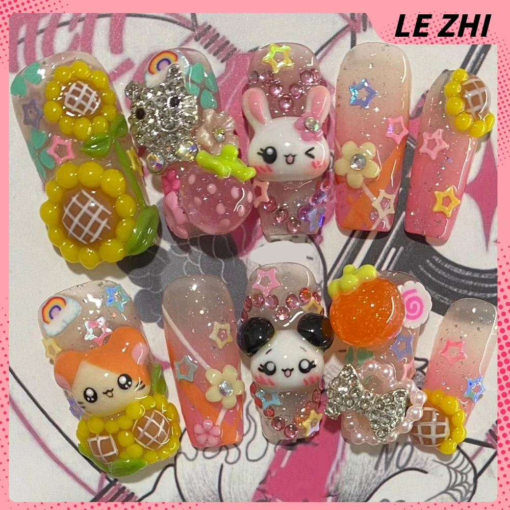 Spice Girl Cartoon Anime Handmade Long Square Fake Nails Diamond Sunflower Cute Small Animals Pandas Rabbitsmice Fake Nail