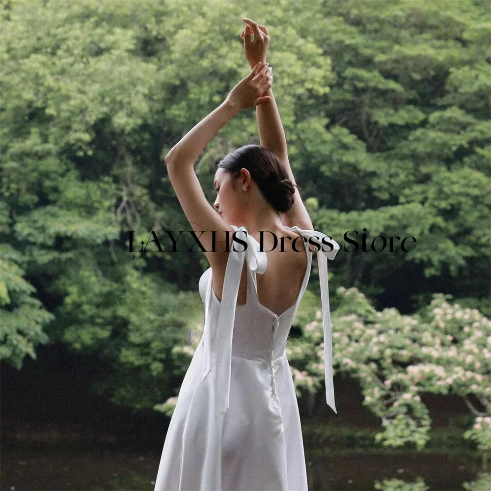 السباغيتي الأشرطة الأبيض الساتان كوريا فساتين الزفاف ألف خط ساحة طوق فستان زفاف أنيقة زي العرائس سترس مخصص #3