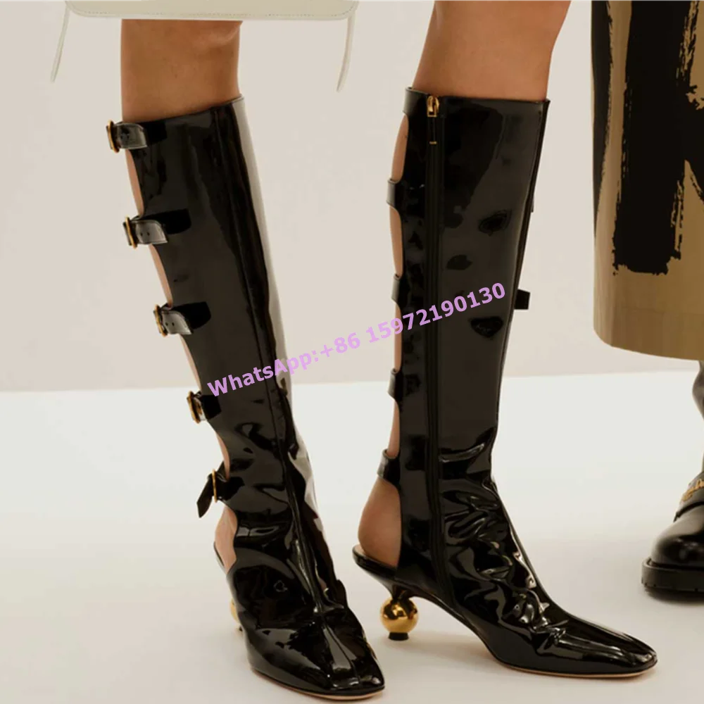 

Ball Heels Hollow High Boots Square Toe Metal Buckle Belt Solid Black Strange Style Heels Boots Women's Sexy Slingback Shoes