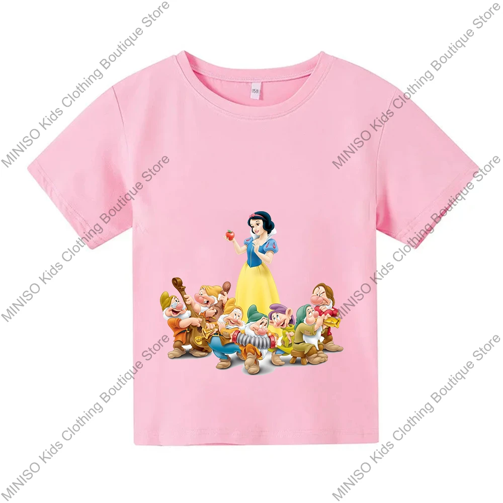 MINISO 100% Cotton T-Shirt Anime Cartoon Snow White & The 7 Dwarfs Print Fashion Casual Streetwear Oversized Kids Tops Clothing