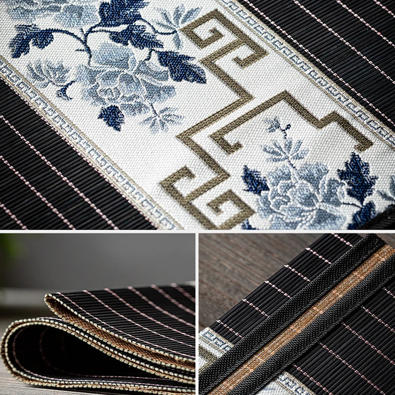 Tea Mat Embroidery Bamboo Mat Classical Vintage Tea Table Runner Tea Cup Pad Tablecloth Ancient Rhyme Chinese Style Flower