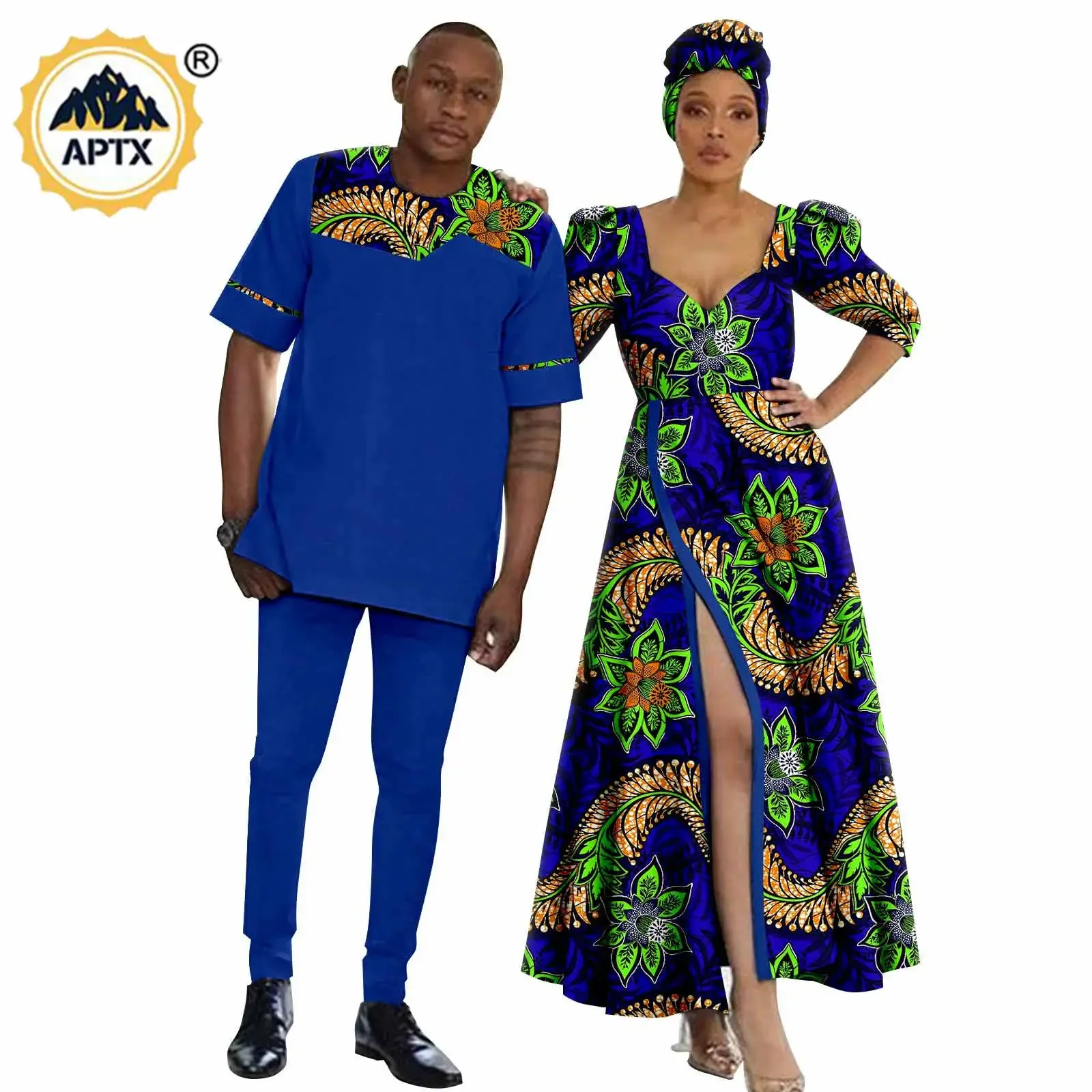 African Couples Clothes Women Long Print Split Dresses with Turban Head Wrap Dashiki Men 2 Pieces Shirt and Pants Sets Y22C071