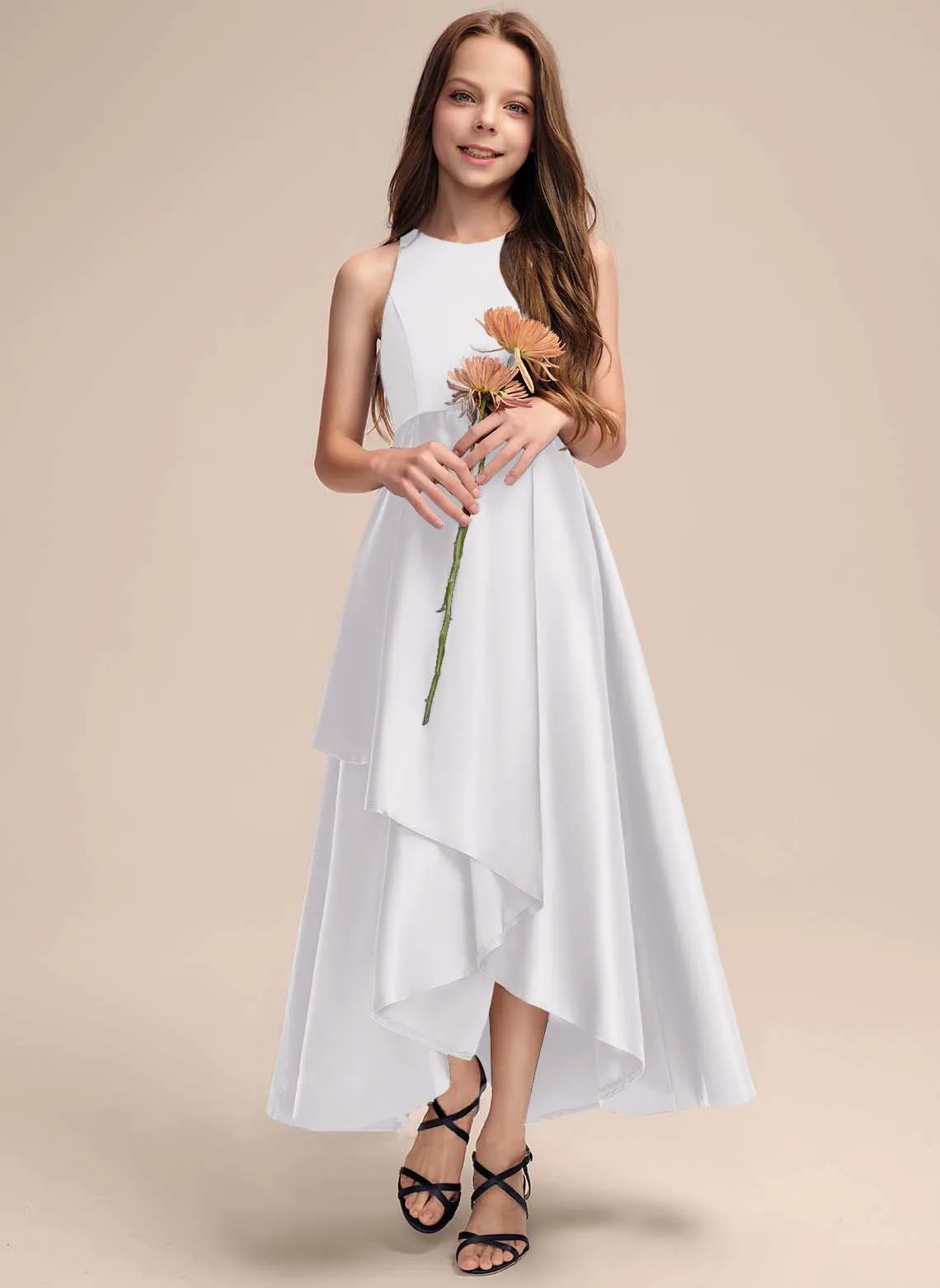 A-line Scoop Asymmetrical Satin Junior Bridesmaid Dress With Cascading Ruffles Flower Girl Dress Party First Communion Gown