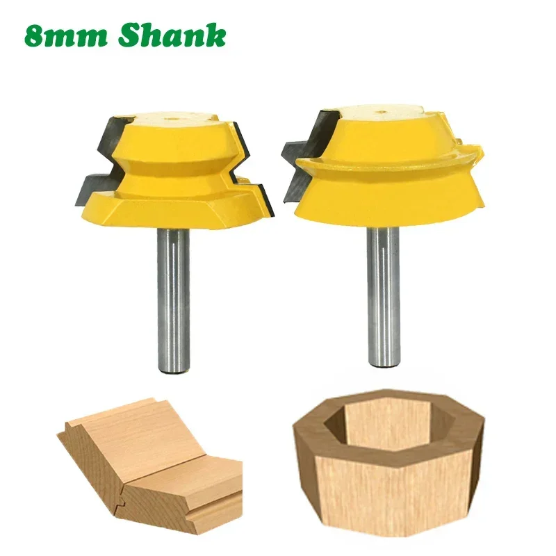 2PC/Set 8MM Shank Milling Cutter Wood Carving Lock Miter Tenon Router Bits 22.5 Degree Glue Joinery Milling Cutter Set for Wood