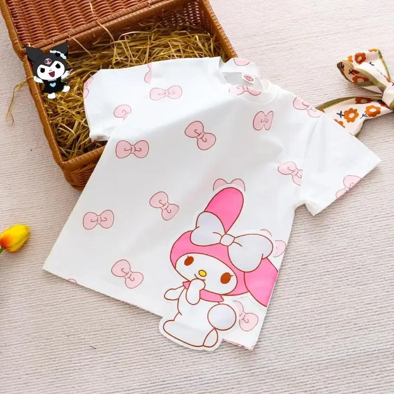كورومي بنات أنيمي تي شيرت سانريو صيف جديد سينامورول ميلودي الكرتون قصيرة الأكمام الأطفال Kawaii الراحة لينة ملابس علوية من القطن