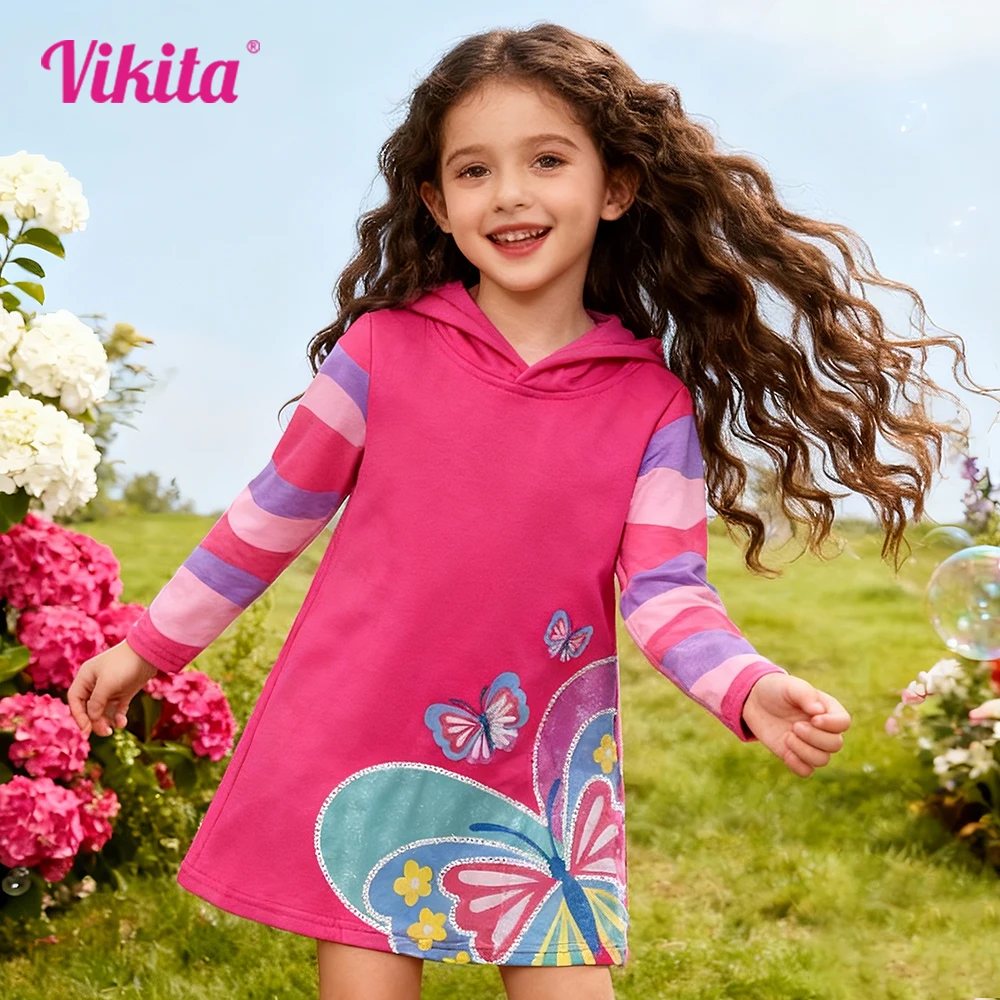 فستان VIKITA للفتيات باللون الوردي بغطاء للرأس للأطفال مخطط من القطن المستقيم فساتين يومية غير رسمية للأطفال فستان رياضي مطبوع عليه فراشات لامعة