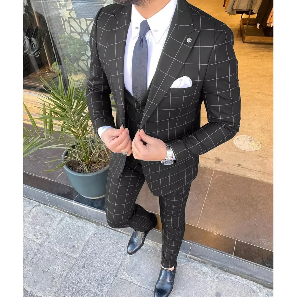 

Fashion Plaid Men's Suits Slim 3 Piece Chic Peak Lapel Single Breasted Outfits Prom Wedding Party Tuxedos (Jacket+Vest+Pants)