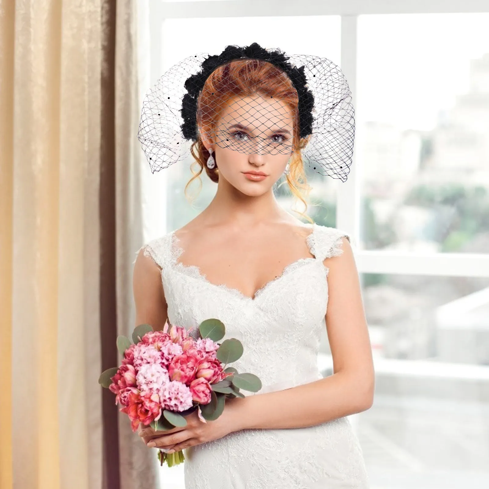 

Simple Flower Hair Hoop with Veil Women Female Party Headdress Headband Wedding Headwear Hair Accessories Special Occasion