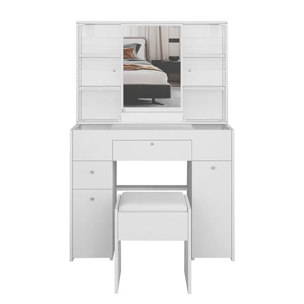 

Bedroom Furniture Wooden Makeup Vanity Table Mirror Dressing Table Stool Set with Drawers