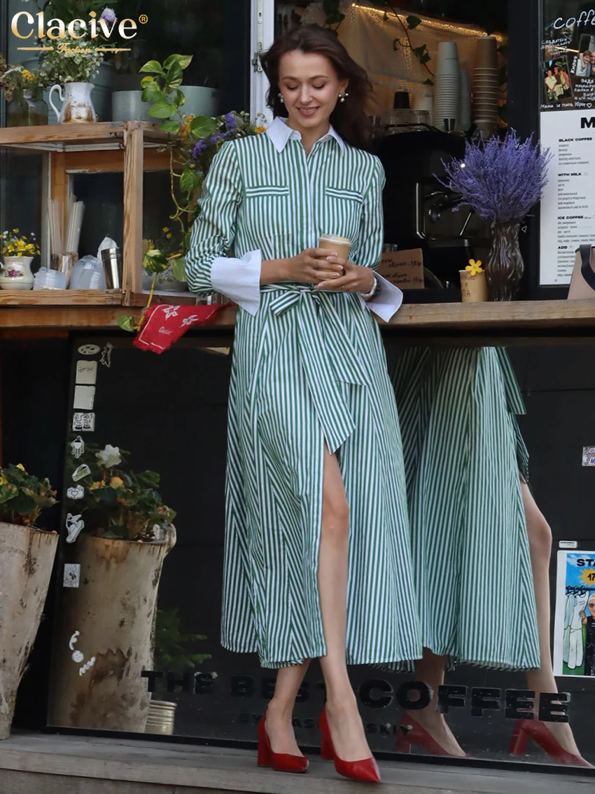 

Clacive Fashion Loose Stripe Print Women's Dress 2026 Spring Lapel Long Sleeve Ankle Length Dresses Elegant Lace-Up Female Dress