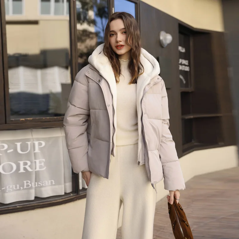 Women Short Parkas Coats Spliced Jacket Zipper Pocket Hooded Faux Layered Drawstring Long Sleeves Office Lady Casual 2025 Winter