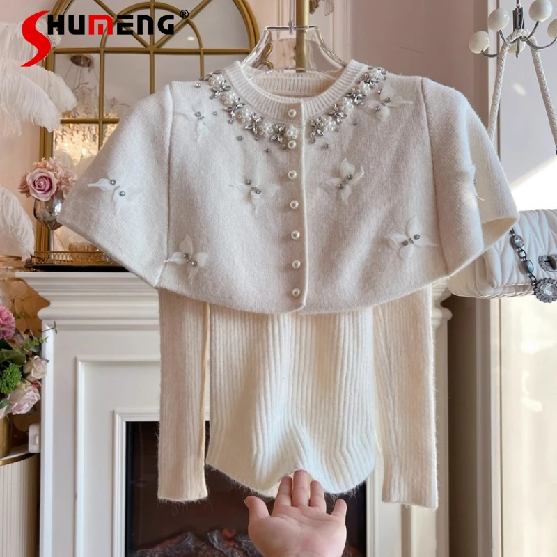 

Женские однобортные свитера с шалями, осень-зима 202, новые модные однобортные свитера с бриллиантами, состоящие из двух частей, тонкие красивые трикотажные изделия с длинными рукавами