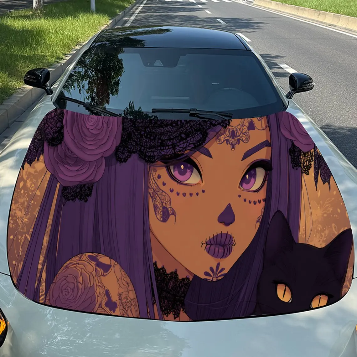 Envolturas de vinilo para capó de motor de coche de PVC gótico Girl Cat Punk Wonder, pegatina autoadhesiva impermeable para capó de coche, decoración de coche profesional