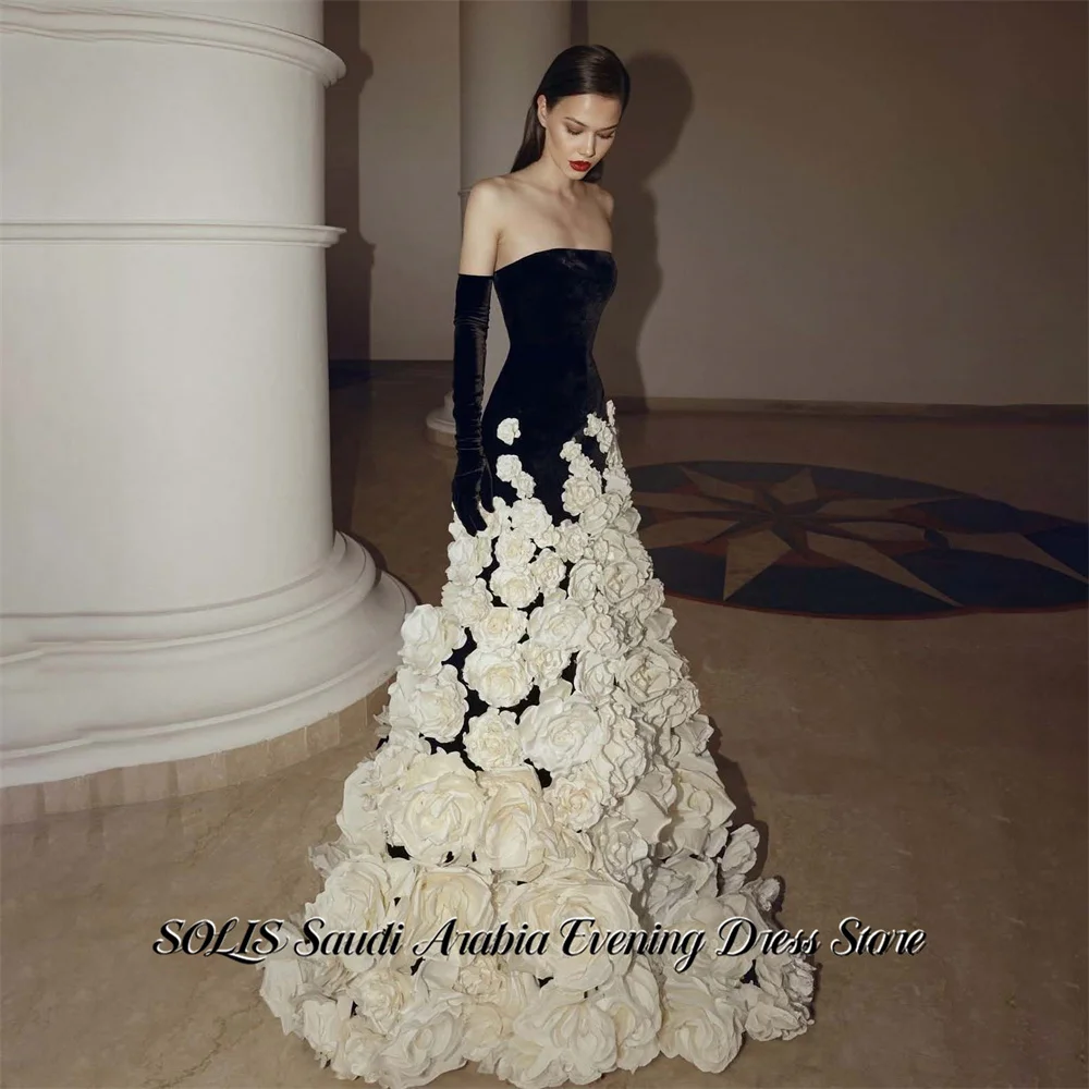 SOLIS Black and White Evening Dresses Strapless Formal Gown A Line Night Dresses with 3D Floral Train Prom Dresses Customized