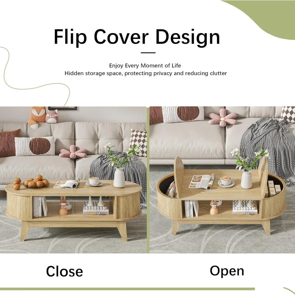 Mid-Century Oval Wood Coffee Table with Dual Concealed Storage