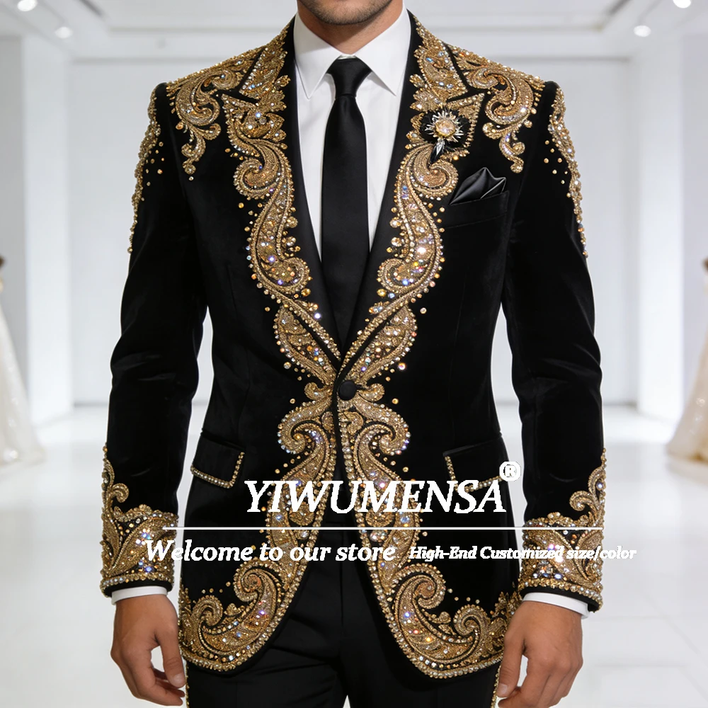 Luxury Men's Suits Crystal Beads Slim Fit Wedding Groom Tuxedos Peaked Lapel Business Blazer Set 2 Pieces Customized Outfits