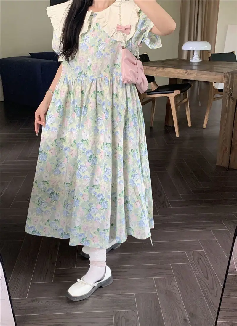 Plus Size 5XL 140KG Summer Floral Dress Peter Pan Collar Elegant Dresses Short Sleeve Woman Casual Evening Holiday Floral Dress