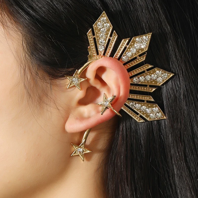 Gold Color Crystal Star Earrigns Vintage Hyperbolor Big Ear Cuffs Earrings For Women No Piercing Jewelry