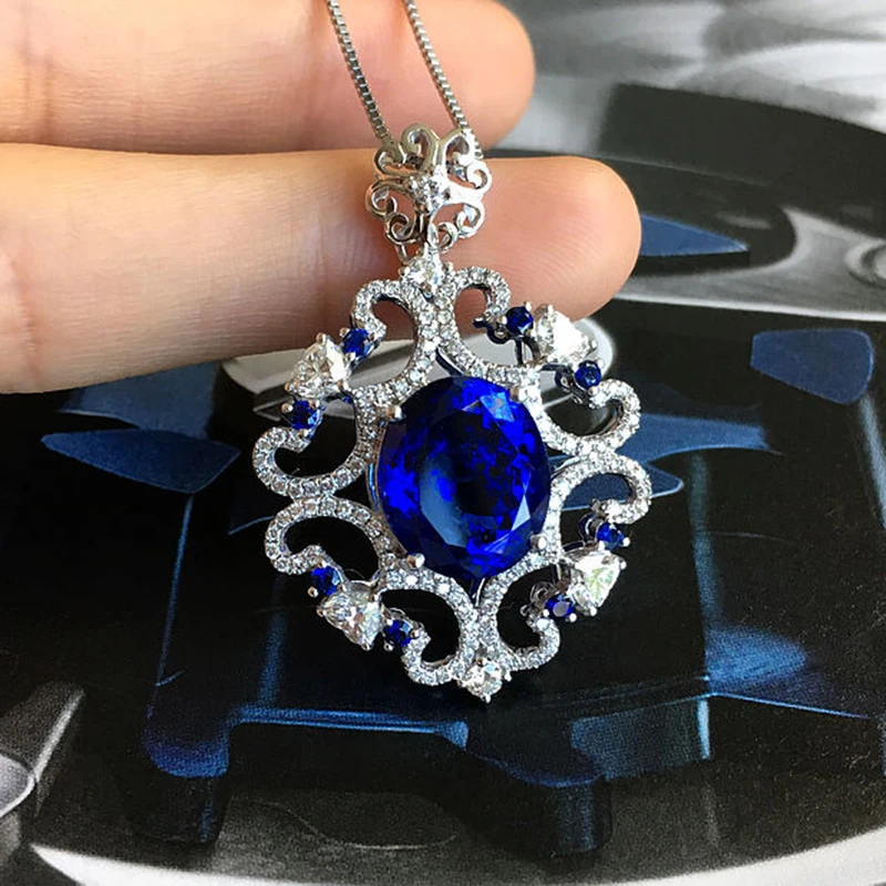 Foydjew Classic Design 8 Carat Simulation Tanzanite Sapphire Pendant Necklaces For Women Silver Color Wedding Banquet Accessorie