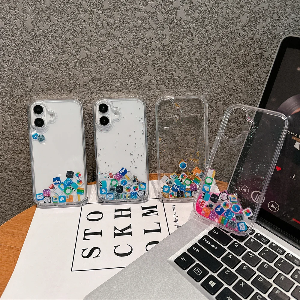 Cute App Icon Glitter Liquid Bling Case Cover For iPhone 16 Pro Max 15 Plus 14 13 12 11 Quicksand Shiny Cellur Phone Capa Coque