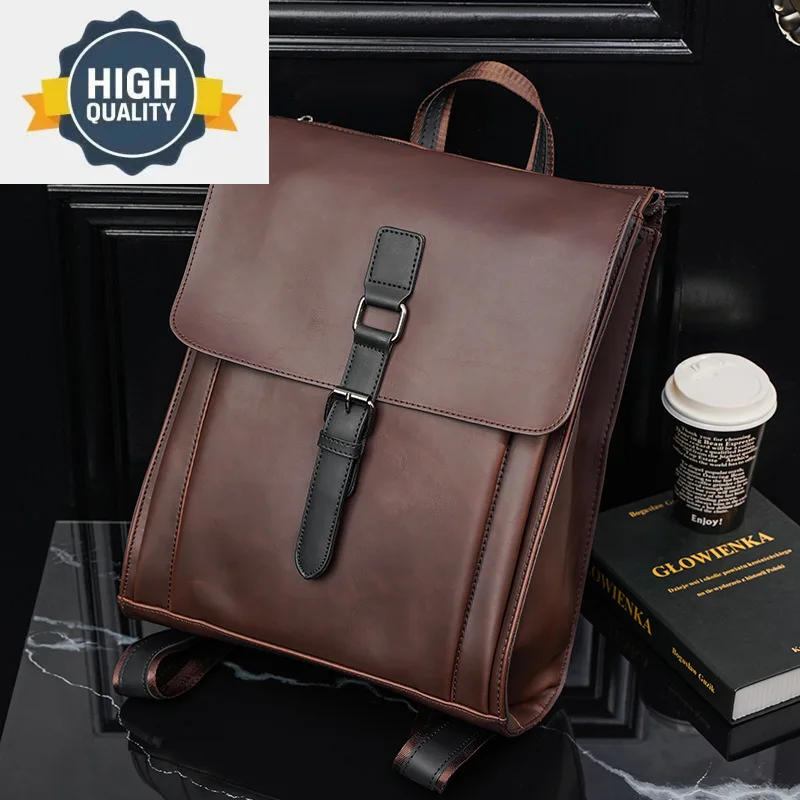 Horse 100% Crazy PU Leather Laptop Bag for Man Fashion Men Backpacks Retro Travel Korean Male Backpack