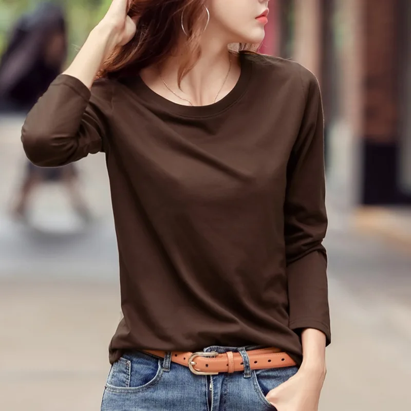 

Women's Long Sleeve T-Shirt Solid Color Base Layer Round Neck Slim Fit Tee 2026 Spring Autumn New Style