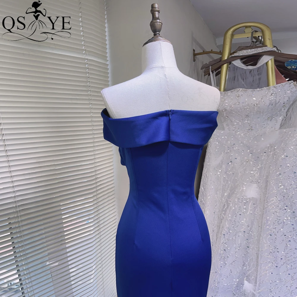 QSYYE-Robe de Soirée Sirène en Satin artificiel astique, Décolmétrage Sans Bretelles, Ajustée, Fente Latérale, Bleu Marine