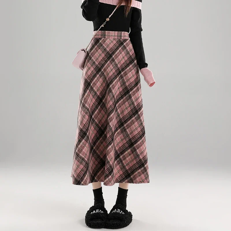 Fashion Plaid Pink Skirt Women Autumn Winter Vintage Elastic High Waist Mid-length Skirt Female Preppy Style  A Line Faldas Y2k